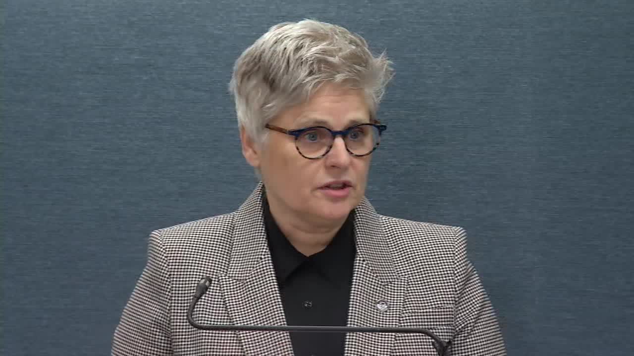 Hennepin County Attorney Mary Moriarty prepares for a press conference on election conduct charges.